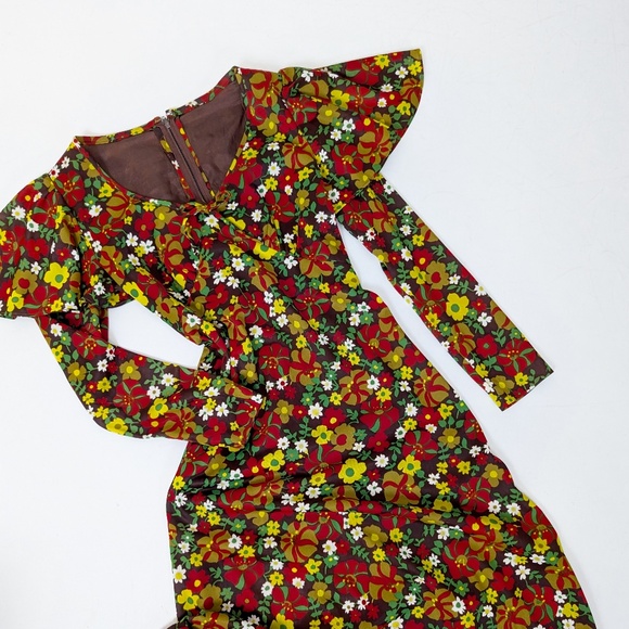 Vintage Dresses & Skirts - 70's Floral Maxi Dress Cape Long Sleeve V-neck Fitted Flare